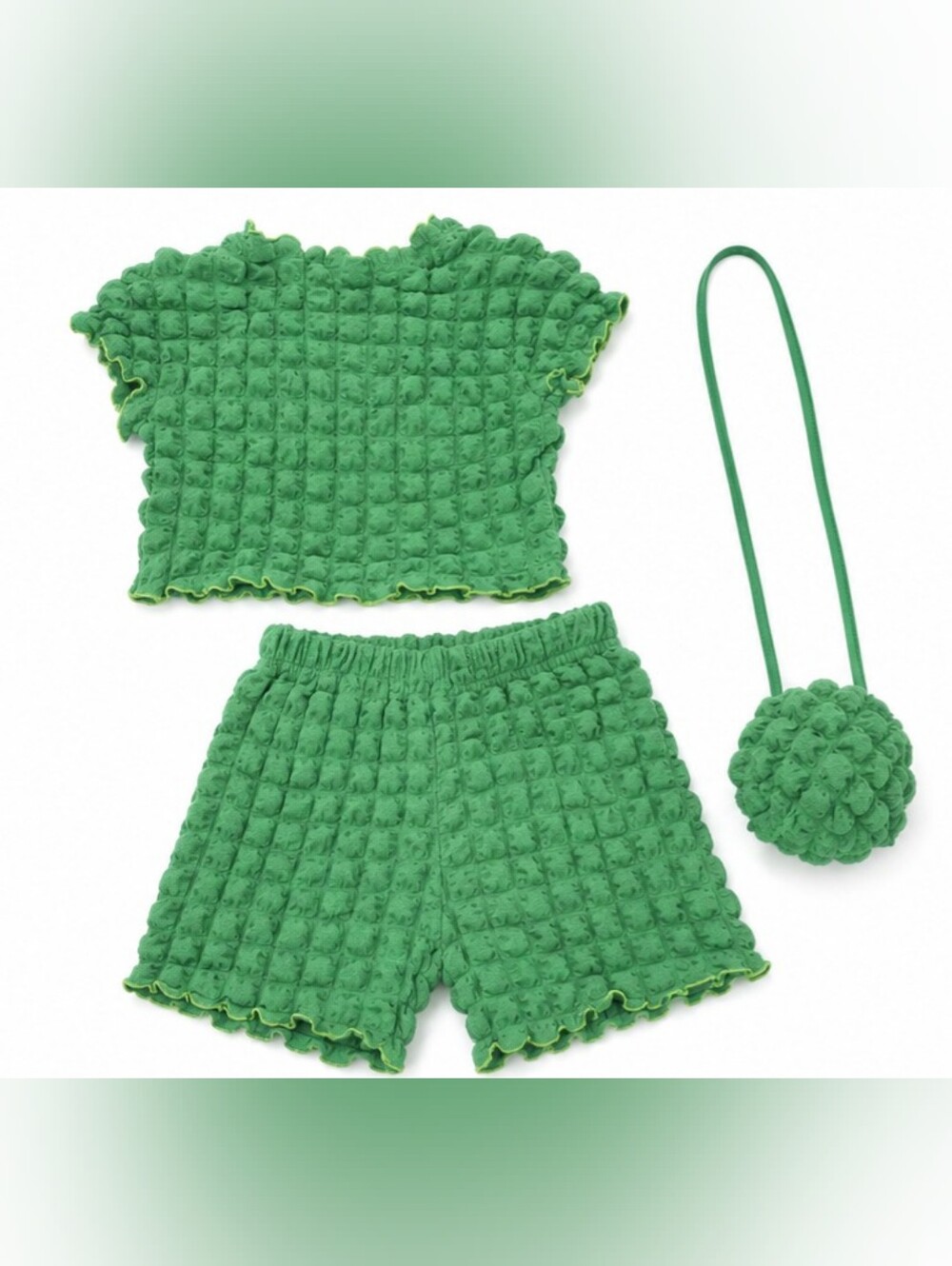 Girls Green Textured 3-Piece Crop Top Shorts Bag Set Size 130 / US 7-8